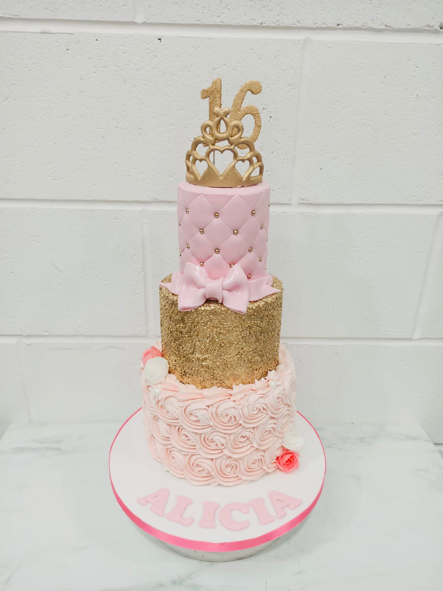 3 Tier Pink & Gold Princess Cake – Zara Cakes